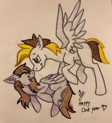 Size: 713x786 | Tagged: safe, artist:lilac pone, derpibooru import, oc, oc only, oc:ban pinna, oc:lilac sciath, pegasus, pony, anniversary, brown mane, brown tail, couple, feather, female, happy, happy anniversary, laughing, love, lying down, male, mare, nuzzling, present, smiling, stallion, standing, standing over, traditional art, white fur, wings, yellow mane, yellow tail