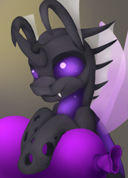 Size: 775x1076 | Tagged: safe, artist:miraisora, oc, oc only, oc:memorynumber, changeling, balloon, changeling oc, purple changeling, solo