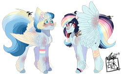 Size: 1290x785 | Tagged: safe, artist:owl-clockwork, derpibooru import, oc, oc:aero mist, oc:electric rhythm, pegasus, pony, blushing, chest fluff, duo, female, mare, offspring, parent:rainbow dash, parent:soarin', parents:soarindash, simple background, sisters, tail feathers, transparent background