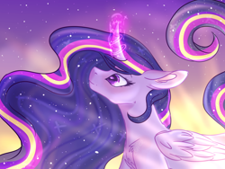 Size: 1024x768 | Tagged: safe, artist:blazingcookie717, artist:coffeebeanu, twilight sparkle, twilight sparkle (alicorn), alicorn, pony, collaboration, curved horn, ethereal mane, female, glowing horn, mare, older, older twilight, rainbow power, solo, starry mane, ultimate twilight