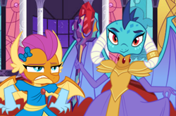 Size: 1214x800 | Tagged: safe, artist:emositecc, artist:queencold, artist:wild-hearts, derpibooru import, dragon lord ember, princess ember, smolder, dragon, annoyed, bloodstone scepter, bow, clothes, dragoness, dragonlord, dragons wearing clothes, dress, duo, female, gala dress, gloves, grimace, hilarious in hindsight, horn ring, looking at you, princess smolder, smiling, smolder also dresses in style