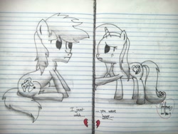 Size: 4160x3120 | Tagged: safe, artist:kimjoman, oc, oc only, pony, absurd resolution, heartbreak, lined paper, monochrome, sad, school, traditional art, valentine's day