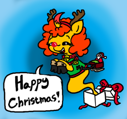 Size: 640x600 | Tagged: safe, artist:ficficponyfic, oc, oc only, oc:pipadeaxkor, demon, demon pony, antlers, bell, christmas, christmas presents, clothes, collar, color, colored, colt quest, costume, cute, disguise, evil, eyes closed, fangs, female, floating, horn, illusion, ribbon, rudolph the red nosed reindeer, santa claus, shoes, sleigh, solo, sweater, toy