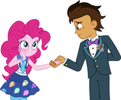 Size: 1280x1053 | Tagged: safe, artist:imperfectxiii, pinkie pie, oc, oc:copper plume, equestria girls, friendship games, blushing, canon x oc, clothes, copperpie, equestria girls-ified, freckles, glasses, male, pants, self insert, shipping, simple background, smiling, straight, suit, transparent background, vector