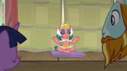 Size: 1280x720 | Tagged: safe, derpibooru import, screencap, rockhoof, somnambula, twilight sparkle, twilight sparkle (alicorn), alicorn, pony, a rockhoof and a hard place, beard, cross legged, facial hair, female, lotus position, mare, meditating, omnambula, solo focus, yoga