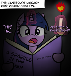 Size: 787x845 | Tagged: safe, artist:artiks, derpibooru import, twilight sparkle, pony, atg 2018, book, candle, dialogue, fanfic, female, mare, newbie artist training grounds, solo