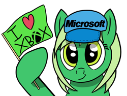 Size: 1720x1300 | Tagged: safe, artist:tazool, derpibooru import, oc, oc only, oc:natal, earth pony, pony, bust, cap, cute, eyelashes, fan, female, flag, green eyes, green hair, happy, hat, heart, hoof hold, logo, love, mare, microsoft, portrait, simple background, smiling, solo, transparent background, xbox