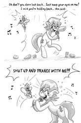 Size: 954x1452 | Tagged: safe, artist:willdabeard, derpibooru import, oc, oc:flurry, oc:misty, oc:nutmeg, breezie, earth pony, pony, comic, drunk, grayscale, karaoke, lyrics, monochrome, pun, shut up and dance, singing, song reference, standing, sweat, text, walk the moon