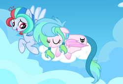 Size: 1533x1049 | Tagged: safe, artist:chococakebabe, derpibooru import, oc, oc only, oc:speed demon, oc:star paste, bat pony, pegasus, pony, cloud, female, flying, mare, sleeping