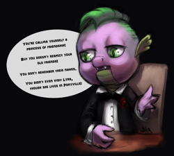 Size: 1058x952 | Tagged: safe, artist:spirit-alu, spike, amending fences, bust, chair, clothes, cosplay, costume, dialogue, frown, lidded eyes, open mouth, sitting, solo, suit, the godfather