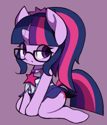 Size: 1463x1710 | Tagged: safe, artist:ccc, derpibooru import, sci-twi, twilight sparkle, pony, unicorn, clothes, cute, equestria girls ponified, female, glasses, looking at you, mare, ponified, purple background, simple background, skirt, solo, swimsuit, twiabetes
