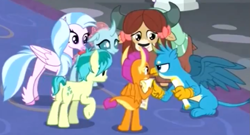 Size: 1071x580 | Tagged: safe, derpibooru import, screencap, gallus, ocellus, sandbar, silverstream, smolder, yona, changedling, changeling, classical hippogriff, dragon, earth pony, griffon, hippogriff, pony, yak, friendship university, boomerang (tv channel), bow, cloven hooves, dragoness, female, hair bow, jewelry, male, monkey swings, necklace, student six, teenager