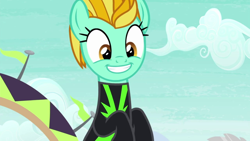 Size: 1280x720 | Tagged: safe, derpibooru import, screencap, lightning dust, pegasus, pony, the washouts (episode), clothes, cute, dustabetes, female, mare, smiling, solo, uniform, washouts uniform, when she smiles