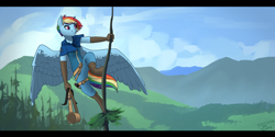 Size: 1024x512 | Tagged: safe, artist:joan-grace, derpibooru import, rainbow dash, anthro, pegasus, unguligrade anthro, alternate hairstyle, alternate universe, boots, clothes, cloud, female, forest, mare, mountain, pants, scenery, shirt, shoes, sky, solo, tree