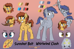 Size: 3000x2000 | Tagged: safe, artist:floofyfoxcomics, oc, oc only, oc:sureshot bolt, oc:whirlwind clash, pegasus, pony, crossbow, female, high res, male, mare, mouth hold, reference sheet, stallion, wingblade
