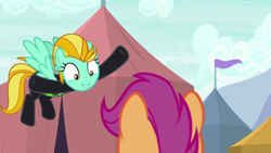 Size: 1280x720 | Tagged: safe, derpibooru import, screencap, lightning dust, scootaloo, pegasus, pony, the washouts (episode), clothes, duo, female, filly, mare, uniform, washouts uniform