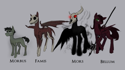 Size: 1920x1080 | Tagged: safe, artist:nsilverdraws, derpibooru import, oc, oc only, oc:bellum, oc:famis, oc:morbus, oc:mors, earth pony, pegasus, pony, bone, colt, death, famine, female, four horsemen of the apocalypse, glowing eyes, gray background, horns, horseman of death, horseman of famine, horseman of pestilence, horseman of war, latin, male, mare, muscles, pestilence, red eyes, shadow, simple background, skull, skull head, spear, stallion, war, weapon, wings