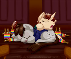 Size: 720x600 | Tagged: safe, artist:hollowzero, oc, oc only, bottle, drool, drunk, pony pillow, rainbow, sleeping