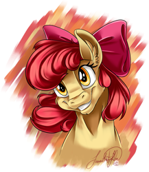 Size: 1771x2036 | Tagged: safe, artist:jadedjynx, derpibooru import, apple bloom, earth pony, pony, bow, bust, female, hair bow, portrait, signature, smiling, solo