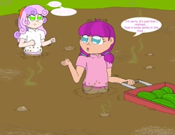 Size: 2200x1700 | Tagged: safe, artist:basher-the-basilisk, lily longsocks, sweetie belle, human, bog, dirty, female, food, fruit, humanized, muck, mud, quicksand, smell, smelly, swamp, sweetie fail, sweetiedumb, visible stench, watermelon