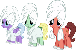 Size: 4033x2687 | Tagged: safe, artist:ironm17, derpibooru import, dear darling, fond feather, swoon song, earth pony, pegasus, pony, unicorn, background pony, bathrobe, bimbettes, clothes, female, mare, robe, simple background, slippers, smiling, towel, transparent background, trio, trio female, vector