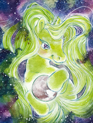 Size: 500x659 | Tagged: safe, artist:annapommes, derpibooru import, bootleg, female, glow, goddess, green, mare, planet, pluto (planet), pony bigger than a planet, space, stars, tangible heavenly object