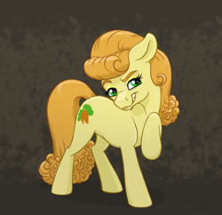 Size: 670x648 | Tagged: safe, artist:haretrinity, derpibooru import, carrot top, golden harvest, earth pony, pony, eyelashes, female, floppy ears, grin, looking at you, mare, raised hoof, simple background, smiling, solo