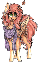 Size: 892x1435 | Tagged: safe, artist:tenebristayga, oc, oc only, pegasus, pony, chest fluff, clothes, freckles, leaf, marker drawing, open mouth, scarf, simple background, smiling, solo, traditional art, transparent background