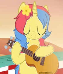 Size: 2313x2713 | Tagged: artist needed, safe, artist:darkesmelissa, derpibooru import, oc, oc only, oc:stormfall drizzle, pony, unicorn, cute, flower, flower in hair, guitar, solo