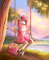 Size: 1500x1833 | Tagged: safe, artist:hakaina, derpibooru import, oc, oc only, oc:tarot, anthro, classical unicorn, unguligrade anthro, unicorn, blue eyes, clothes, cloven hooves, collar, curved horn, dress, female, floppy ears, freckles, jewelry, lake, leonine tail, long mane, long tail, mare, mountain, palomino, pink mane, scenery, smiling, solo, swing, tree, unshorn fetlocks