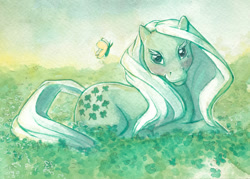 Size: 1024x732 | Tagged: safe, artist:annapommes, derpibooru import, minty (g1), butterfly, earth pony, pony, g1, female, looking at you, mare, prone, solo, traditional art, watercolor painting