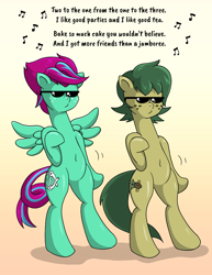 Size: 2550x3300 | Tagged: safe, artist:willdabeard, derpibooru import, oc, oc only, earth pony, pegasus, pony, colored, dancing, eminem, glue70, green mane, lyrics, nate dogg, pink mane, pun, shake that (song), shokk, song, song reference, sunglasses, text, wrong neighborhood, you reposted in the wrong neighborhood