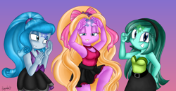 Size: 1024x533 | Tagged: safe, artist:queentigrel, derpibooru import, oc, oc:aglaope, oc:piscis, oc:radne, oc:the dark stars, mermaid, equestria girls, armpits, breasts, magic, ribbon