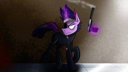 Size: 1920x1080 | Tagged: safe, artist:imskull, twilight sparkle, pony, unicorn, blood, clothes, female, future twilight, glowing horn, gun, handgun, hooves, horn, levitation, magic, mare, pistol, raised hoof, smoke, solo, suppressor, telekinesis, weapon