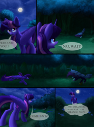 Size: 3624x4899 | Tagged: safe, artist:malajahr, derpibooru import, twilight sparkle, twilight sparkle (alicorn), alicorn, pony, comic:curse and madness, ambiguous gender, comic, dark, female, forest, grass, hooded cape, mare, mlpcam, moon, night, stars, text bubbles, tree