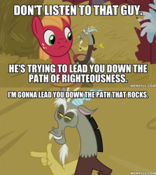 Size: 600x674 | Tagged: safe, derpibooru import, edit, edited screencap, screencap, big macintosh, discord, draconequus, pony, the break up breakdown, image macro, kronk, male, meme, shoulder devil, shoulder discord, stallion, the emperor's new groove