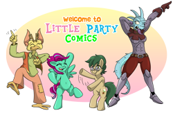 Size: 1353x882 | Tagged: safe, artist:willdabeard, derpibooru import, oc, oc only, oc:gimbal, oc:gimbal lock, oc:nutmeg, anthro, bird, earth pony, lizard, pegasus, comics, dancing, freckles, glasses, green mane, little party comics, pink mane, promo, simple background, standing, tokai, transparent background, website