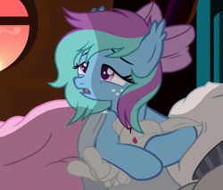 Size: 700x595 | Tagged: editor needed, safe, artist:ponyecho, derpibooru import, edit, part of a set, oc, oc only, oc:sky lantern, bat pony, pony, bed, bed hair, blanket, blushing, bow, colored pupils, crepuscular rays, cute, ear fluff, fangs, female, freckles, holding, lidded eyes, messy mane, morning ponies, open mouth, pillow, plushie, show accurate, sleepy, solo, sunrise