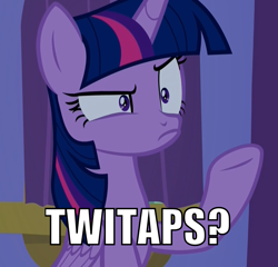 Size: 1126x1079 | Tagged: safe, anonymous artist, derpibooru import, twilight sparkle, twilight sparkle (alicorn), alicorn, image macro, implied shipping, meme, solo, twitaps