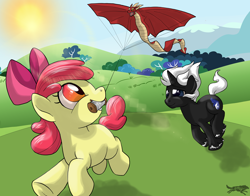 Size: 5100x4000 | Tagged: safe, artist:lostinthetrees, apple bloom, oc, oc:ben herrin, pony, unicorn, absurd resolution, kite, mouth hold, running, sun