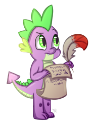 Size: 780x1025 | Tagged: safe, artist:kali-568, artist:soundwavepie, spike, dragon, male, parchment, quill, simple background, solo, transparent background