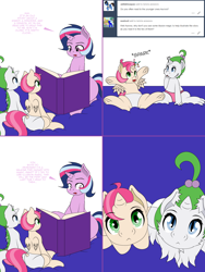 Size: 1204x1604 | Tagged: safe, artist:dekomaru, derpibooru import, oc, oc:aurora, oc:confetti, oc:pearl, alicorn, dracony, hybrid, pony, unicorn, alicorn oc, ask, book, comic, cute, diaper, female, filly, frog (hoof), hnnng, interspecies offspring, looking up, magical lesbian spawn, offspring, parent:oc:dazzle, parent:pinkie pie, parent:rarity, parent:spike, parent:trixie, parent:twilight sparkle, parents:canon x oc, parents:sparity, parents:twixie, tumblr, tumblr:ask twixie, underhoof, weapons-grade cute