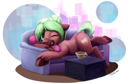 Size: 1200x787 | Tagged: safe, artist:tsitra360, derpibooru import, oc, oc only, oc:cocoa mint, earth pony, pony, abstract background, commission, female, lying down, mare, mug, one eye closed, sofa, solo, wink