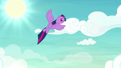 Size: 1280x720 | Tagged: safe, derpibooru import, screencap, twilight sparkle, twilight sparkle (alicorn), alicorn, pony, the washouts (episode), female, flying, mare, nose in the air, solo