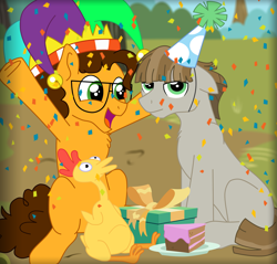 Size: 3307x3168 | Tagged: safe, artist:faitheverlasting, derpibooru import, boneless, cheese sandwich, mudbriar, pony, glasses, hat, headcanon, high res, jester hat, party hat, siblings, sitting, unamused