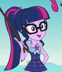 Size: 579x669 | Tagged: safe, derpibooru import, screencap, sci-twi, twilight sparkle, better together, equestria girls, friendship math, adorkable, animated, clothes, cropped, cute, dork, geode of telekinesis, gif, nerd, solo, stick, swimsuit, twiabetes