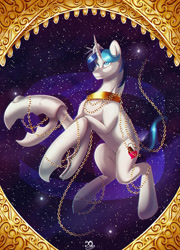 Size: 1000x1387 | Tagged: safe, artist:xaneas, derpibooru import, oc, oc only, oc:lightning bustle, pony, unicorn, cancer (horoscope), chains, gold, male, solo, space, zodiac