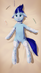 Size: 1080x1920 | Tagged: safe, artist:quvr, derpibooru import, minuette, pony, unicorn, :3, belly button, blushing, bow, clothes, female, looking at you, lying, lying down, mare, on back, socks, solo, thigh highs, toothbrush, toothpaste