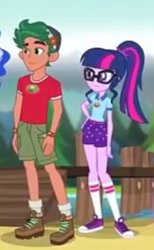 Size: 296x480 | Tagged: safe, screencap, sci-twi, timber spruce, twilight sparkle, equestria girls, legend of everfree, boots, camp everfree outfits, clothes, converse, glasses, pier, shoes, shorts, socks