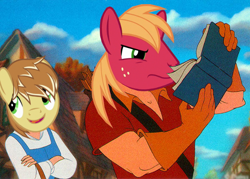 Size: 600x429 | Tagged: safe, edit, big macintosh, feather bangs, pony, hard to say anything, beauty and the beast, belle, book, crossover, gaston, meme